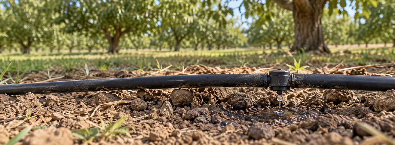 A black drip line lying on the soil in an orchard, with an emitter letting water drip onto the ground and rows of trees behind