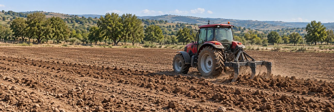 A red tractor pulling a tined ripper across a field of freshly loosened soil, with trees and low hills behind
