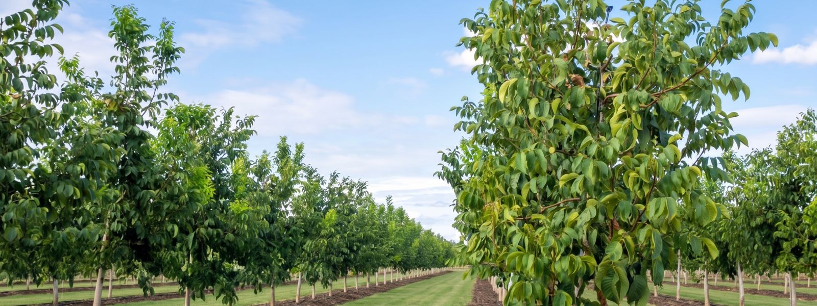 Rows of young walnut trees on gently sloping ground, with mulched tree rows and grass alleys