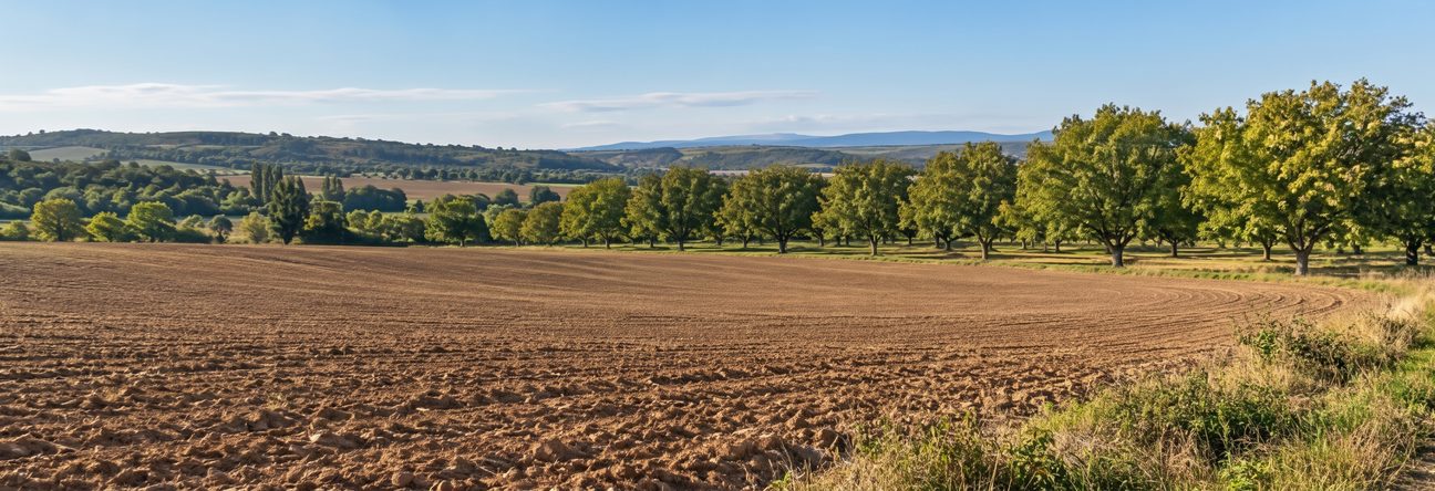 A freshly ploughed field on gently sloping ground, with a row of mature walnut trees along its edge and low hills in the distance