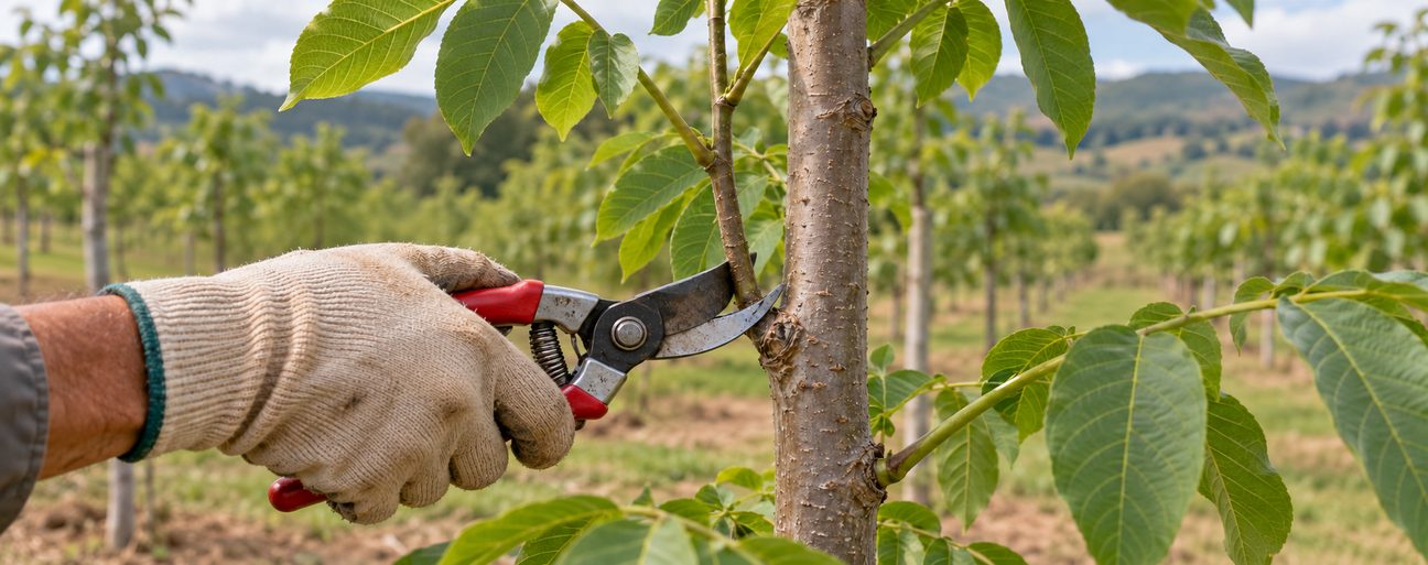 A gloved hand holding red-handled secateurs against the side shoot of a young walnut tree, with rows of young trees and hills behind
