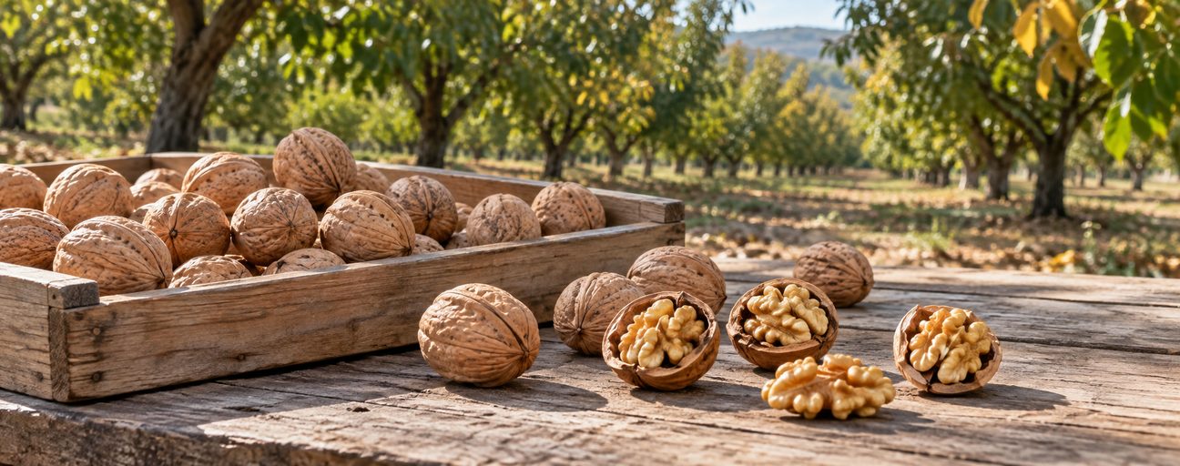 A wooden crate of walnuts in the shell on a rustic table, with several cracked walnuts showing their kernels and a walnut orchard behind