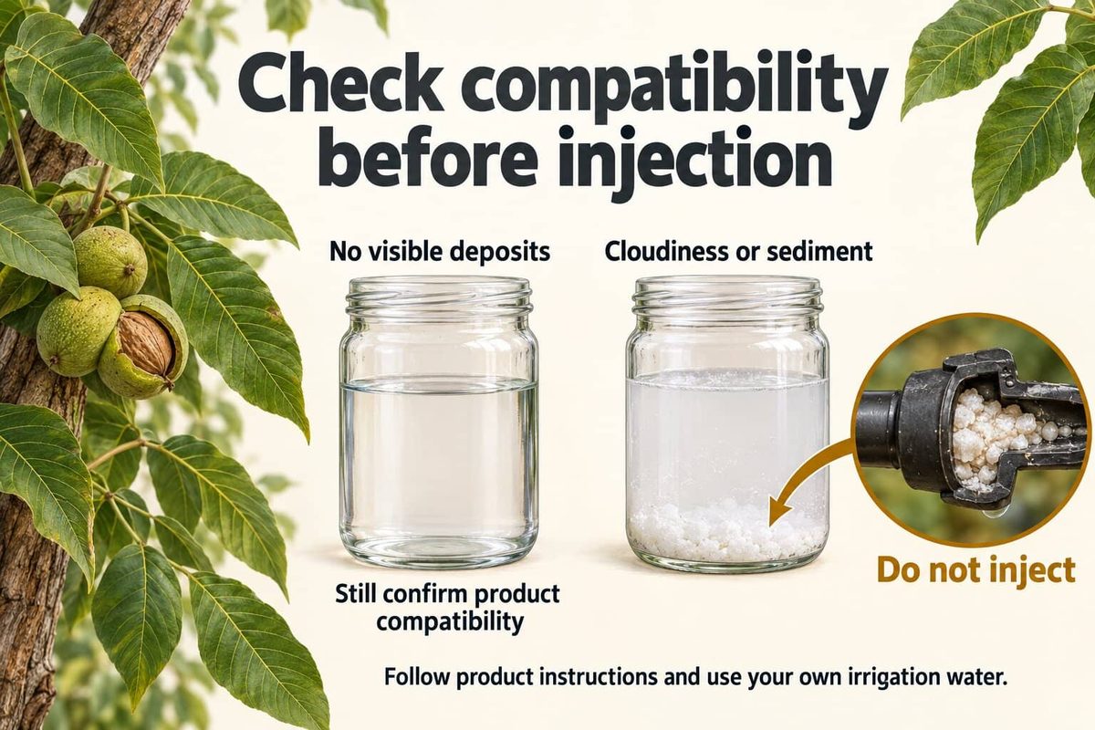 Two glass jars of irrigation water mixed with fertilizer. The left jar is clear. The right jar is cloudy with white sediment, and a close-up shows the same deposit blocking a drip emitter, so the mix must not be injected.
