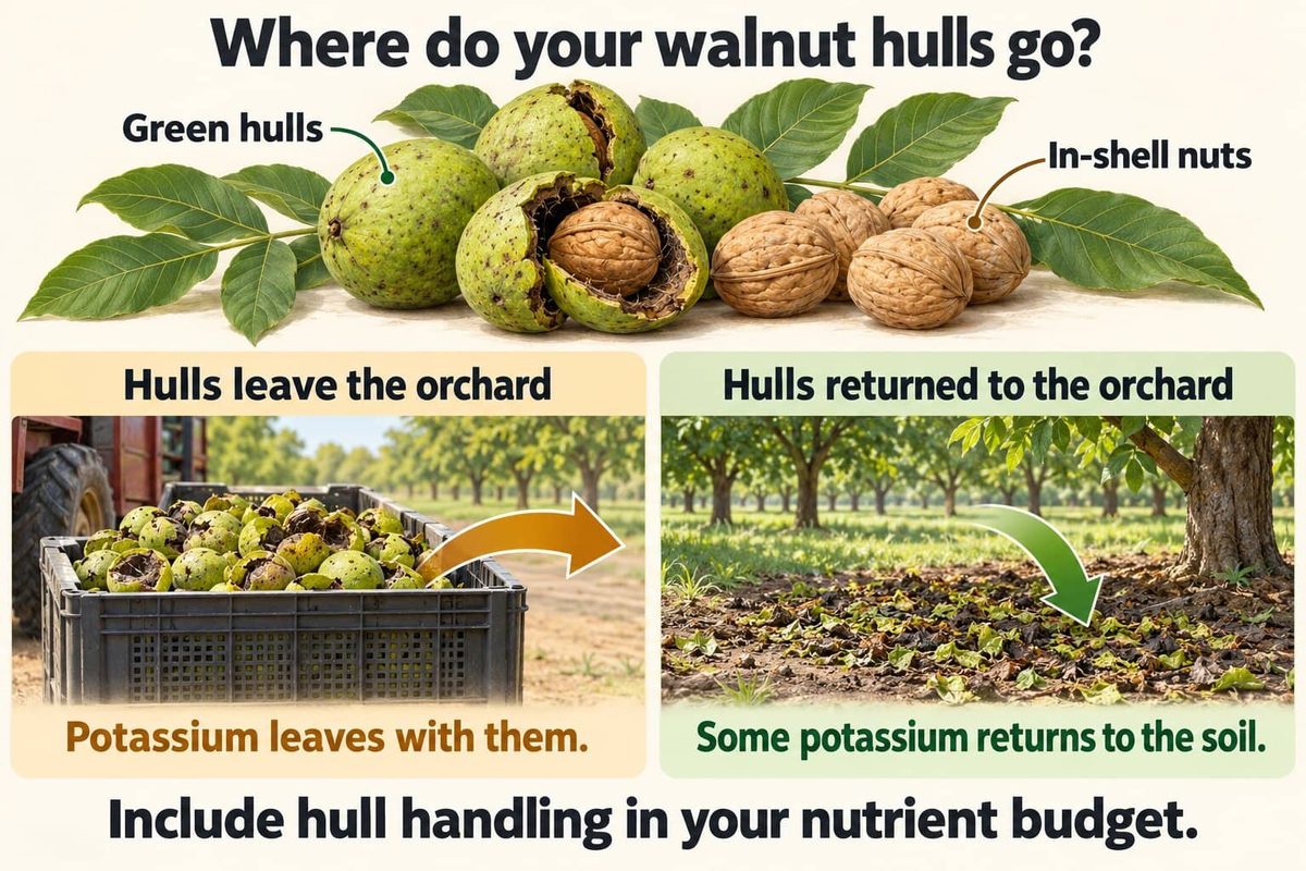 Green walnut hulls and in-shell nuts, with two photographs below: hulls in a crate leaving the orchard, and hulls spread under the trees and returned to the soil. Potassium leaves the orchard with the hulls or partly returns to the soil.
