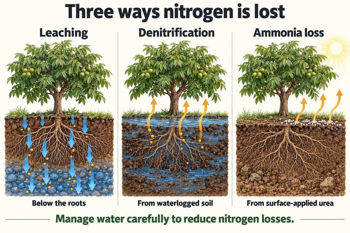 Three cutaway drawings of a walnut tree and its roots showing how nitrogen is lost: leaching below the roots, denitrification from waterlogged soil, and ammonia loss from surface-applied urea.