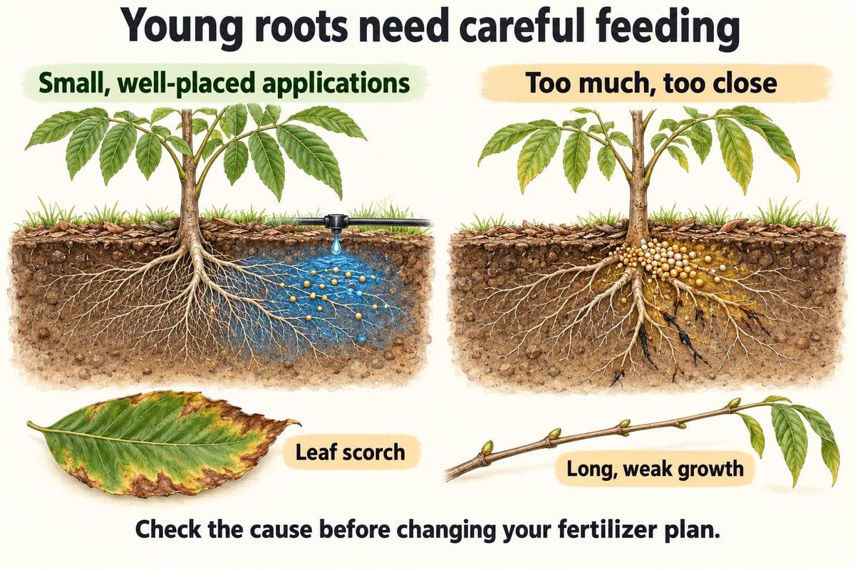 Two drawings of a young walnut tree and its roots. On the left, small, well-placed fertilizer applications in the wetted zone under a drip emitter. On the right, too much fertilizer too close to the trunk, with scorched roots, leaf scorch and long, weak growth.