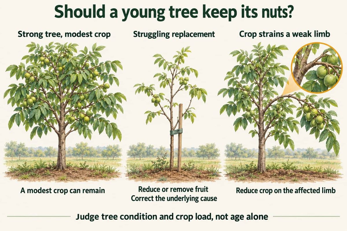 Three young walnut trees and the crop decision for each. A strong tree with a modest crop can keep it. A struggling replacement should have its fruit reduced or removed and the underlying cause corrected. A crop that strains a weak limb should be reduced on that limb.