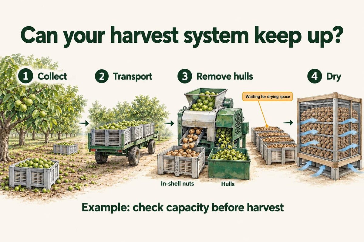 The four steps of the harvest system: collect, transport, remove hulls and dry. Nuts wait for drying space when capacity is too low, so check each step before the first crop.
