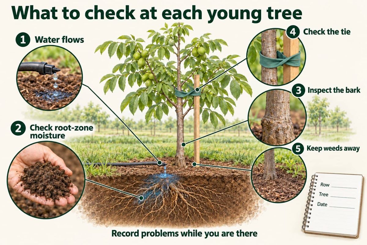 A young walnut tree with a stake and tie, with five numbered checks in close-up: water flows from the emitter, root-zone moisture, the bark, the tie, and keeping weeds away. A notebook records the row, tree and date.