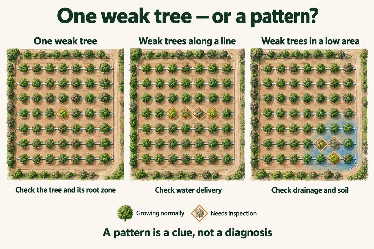 Three plans of an orchard with drip lines. One weak tree means checking the tree and its root zone. Weak trees along a line mean checking water delivery. Weak trees in a low area mean checking drainage and soil. A pattern is a clue, not a diagnosis.