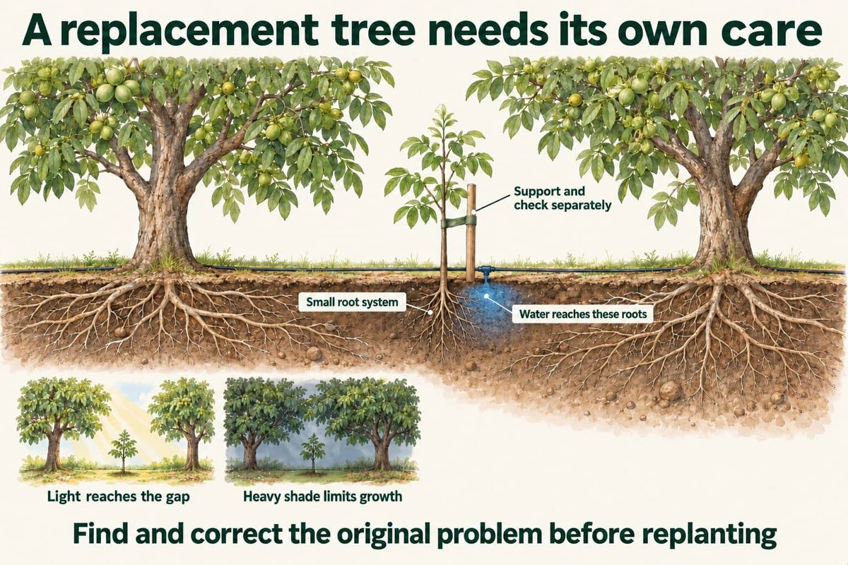 A small replacement walnut tree with its own stake and tie between two mature trees. Its small root system needs water from its own emitter, and it needs light, because heavy shade from neighbours limits its growth. Correct the original problem before replanting.