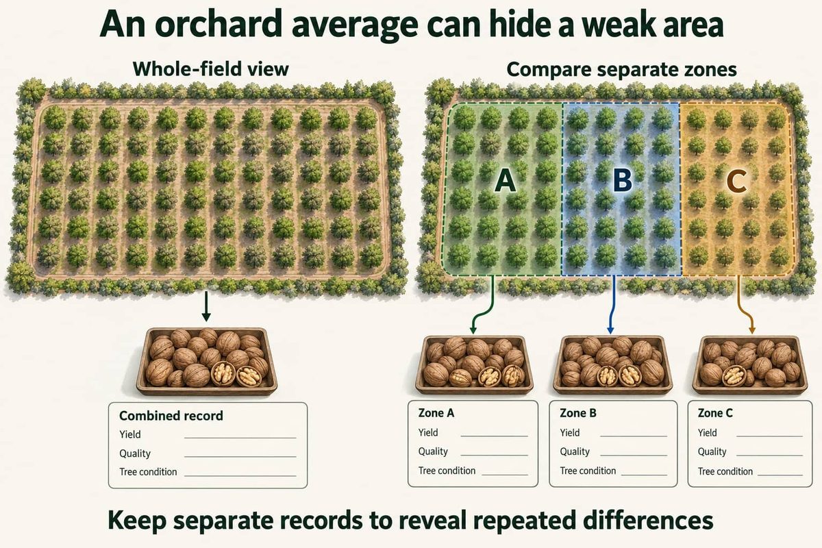 An orchard from above, first as one whole field with a single combined record, then divided into zones A, B and C with separate yield, quality and tree-condition records, so repeated differences between zones show up.