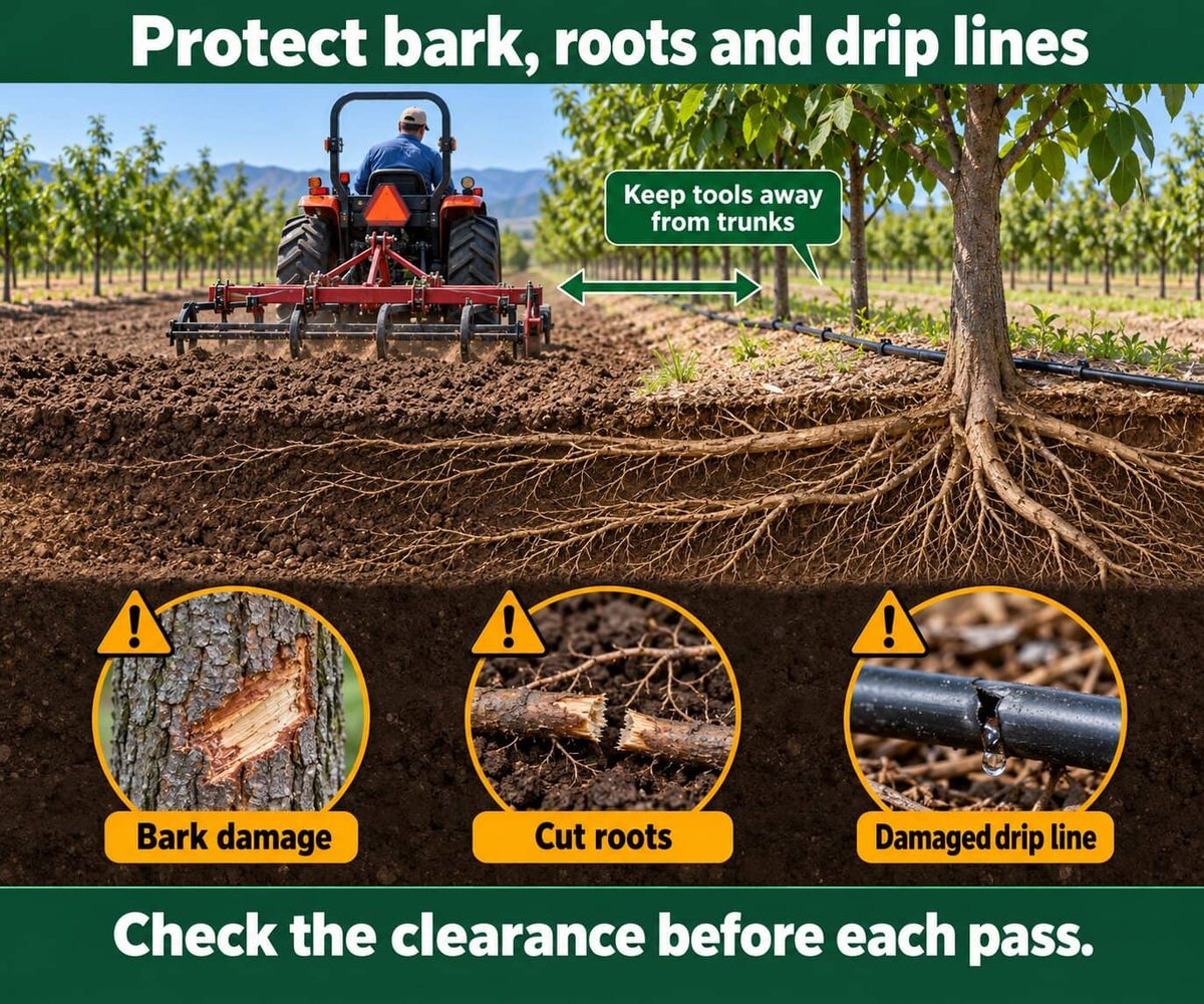 A tractor pulling a cultivator along a row of young walnut trees, with a cutaway showing roots and a drip line near the trunk. Three close-ups show the damage that tools can do: bark damage, cut roots and a damaged drip line.