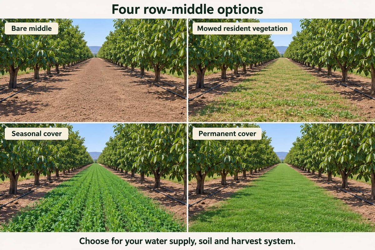 Four views down a row of mature walnut trees showing different row-middle systems: bare soil, mowed resident vegetation, a seasonal cover crop and a permanent grass cover.