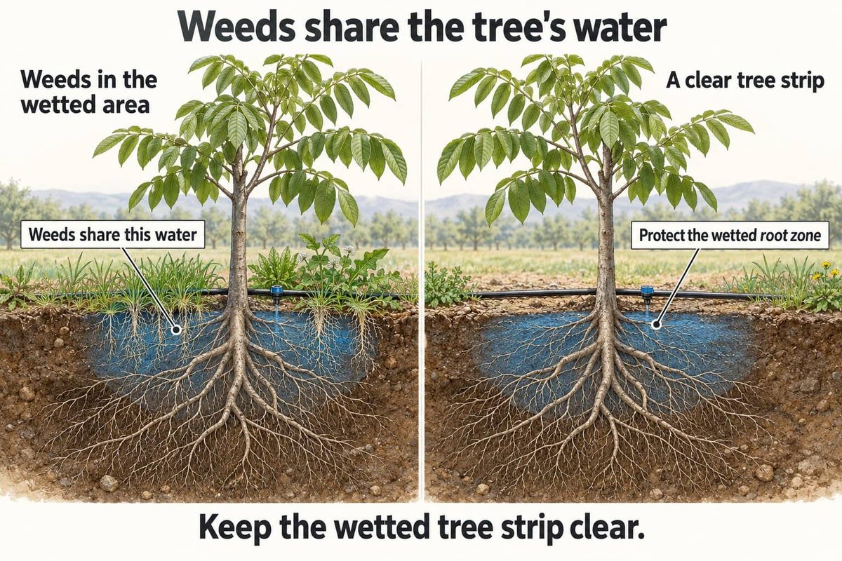 Two drawings of a young walnut tree with its roots and the wetted soil under a drip line. On the left, weeds grow in the wetted area and share its water. On the right, the tree strip is clear and the water stays with the tree.