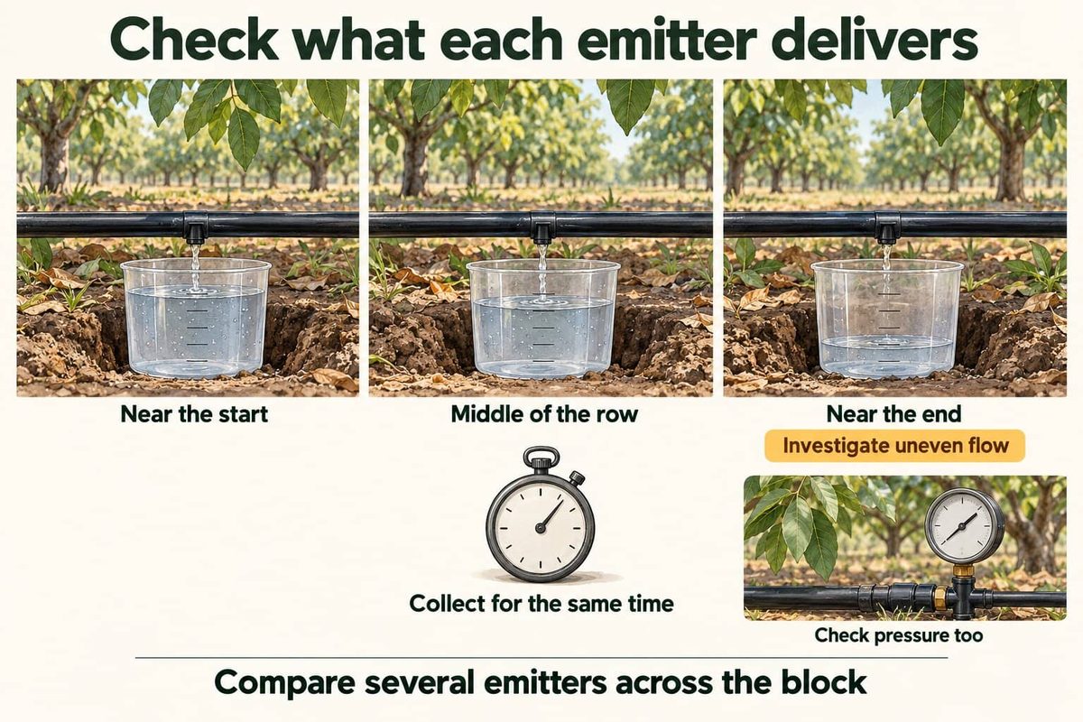 Three cups catching water under drip emitters near the start, in the middle and near the end of a row, collected for the same time, with a pressure gauge on the line. Uneven amounts mean the cause needs investigating.
