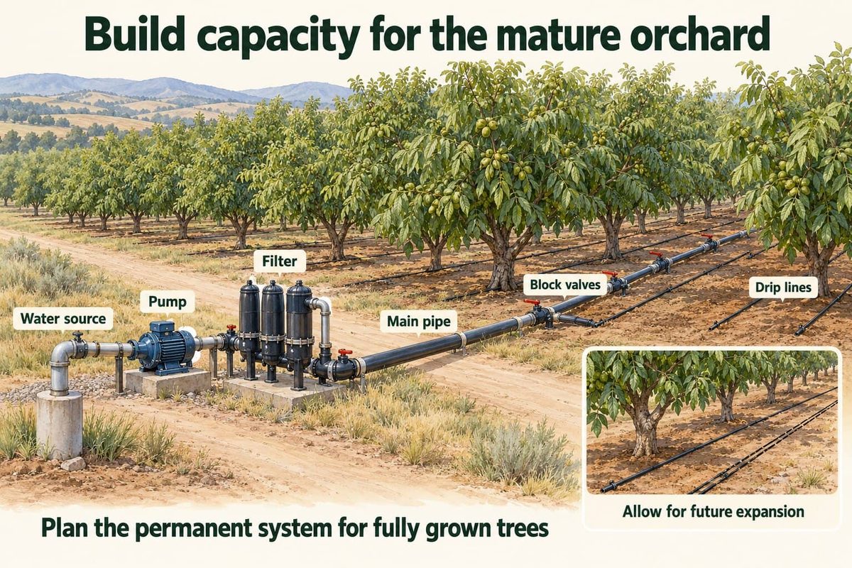 A permanent irrigation system sized for a mature walnut orchard: the water source, pump, filter, main pipe, block valves and drip lines, with an inset showing room for future expansion. Plan the permanent system for fully grown trees.