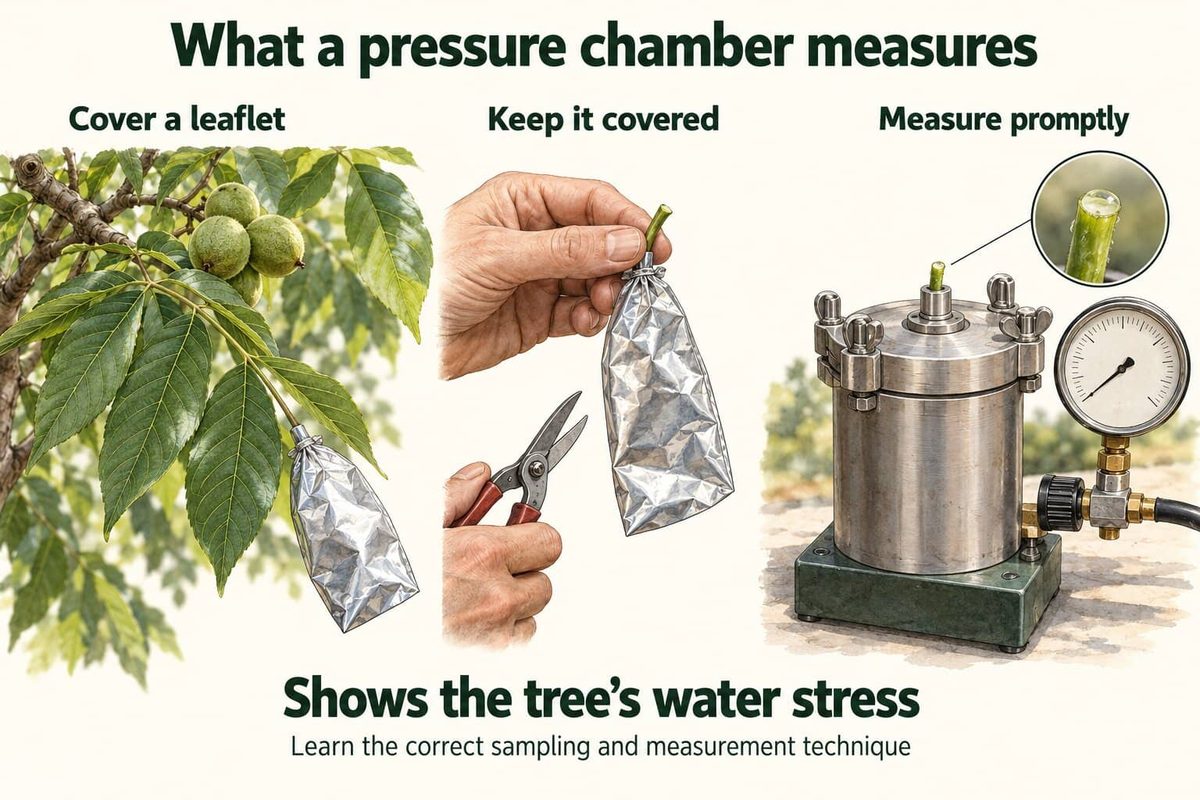 Using a pressure chamber: cover a leaflet in foil, keep it covered when you cut it from the tree, and measure it promptly. The reading shows the tree’s water stress, so learn the correct sampling and measurement technique.