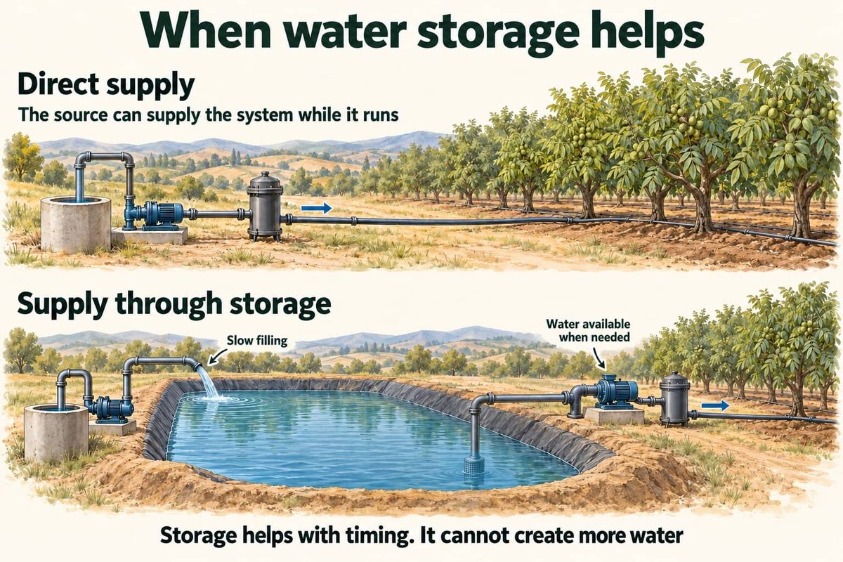 Two ways to supply an orchard. With a direct supply, the source feeds the system while it runs. With storage, a slow-filling source fills a lined reservoir, and a second pump with a strainer draws water when it is needed. Storage helps with timing but cannot create more water.