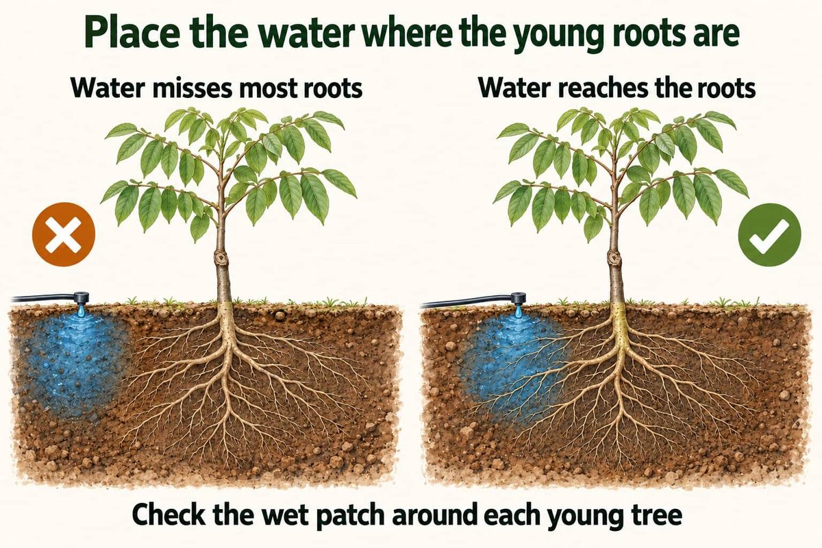 Two young walnut trees with a drip emitter. On the left, the wet patch misses most of the roots. On the right, the water reaches the roots. Check the wet patch around each young tree.