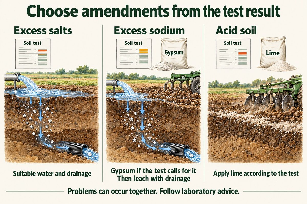 Three soil test results and the matching treatment. Excess salts: suitable water and drainage leach them out. Excess sodium: gypsum if the test calls for it, then leach with drainage. Acid soil: apply lime according to the test. Problems can occur together, so follow the laboratory advice.