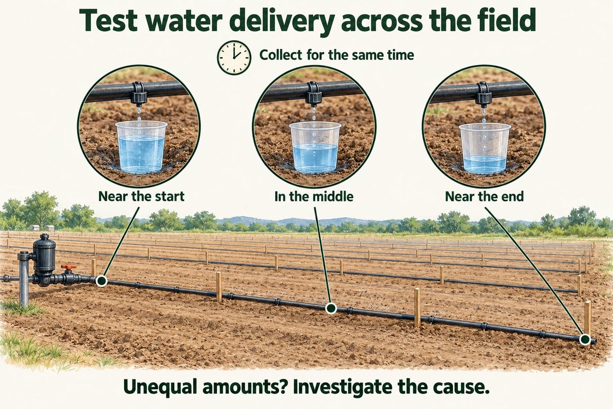 Three cups collecting water under drip emitters near the start, the middle and the end of an irrigation line, for the same length of time. Unequal amounts mean the cause needs investigating.