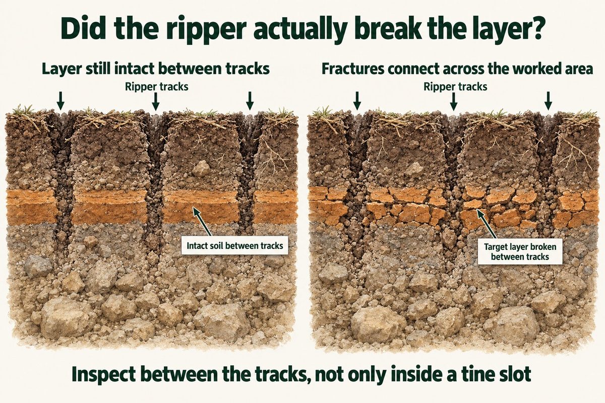 Two cutaways of ripped soil. On the left, the hard layer is still intact between the ripper tracks. On the right, the fractures connect across the worked area and the target layer is broken between the tracks. Inspect between the tracks, not only inside a tine slot.