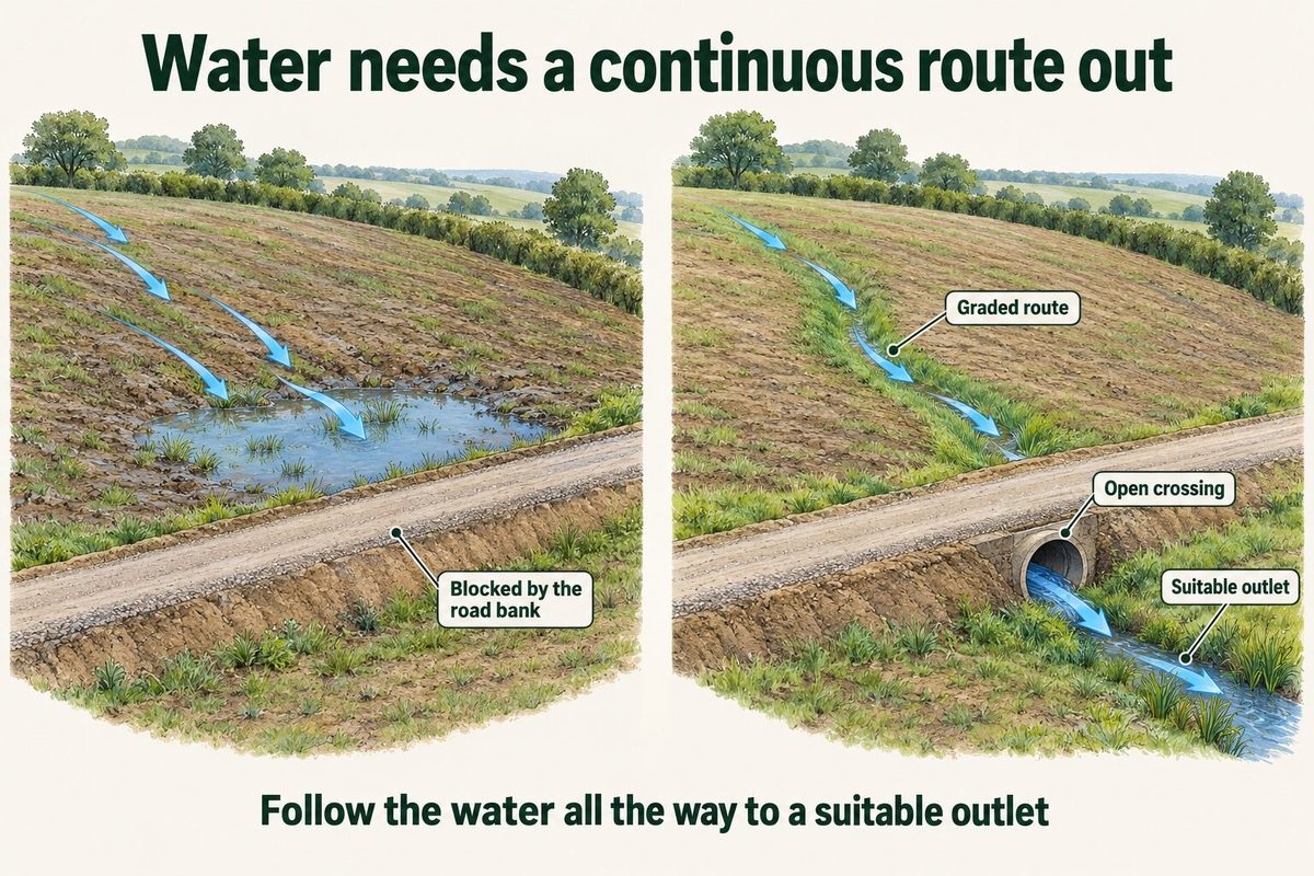Two views of a sloping field beside a road. On the left, water collects in a pond because the road bank blocks it. On the right, a graded route leads the water through an open crossing under the road to a suitable outlet.