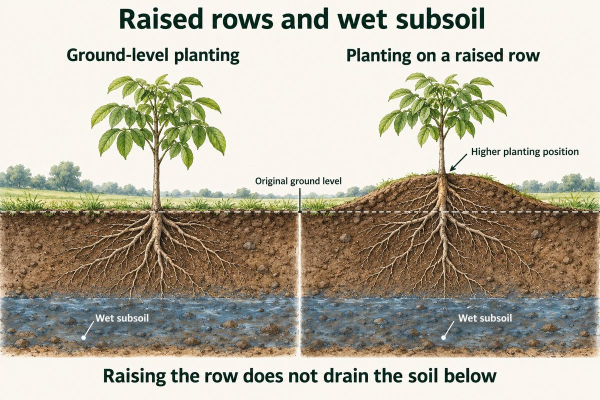 Two walnut trees compared over a wet subsoil. Planted at ground level, the roots reach the wet subsoil. Planted on a raised row, the tree sits higher, but the wet subsoil below is still wet, so raising the row does not drain it.