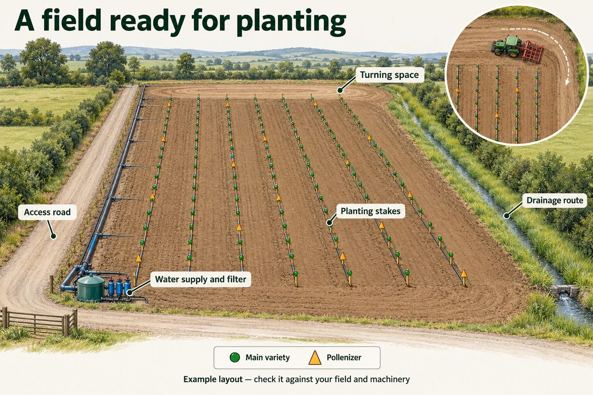Aerial view of a field ready for planting: an access road, turning space at the headlands, a water supply and filter station, a drainage route, and rows staked for the main variety and the pollenizer.