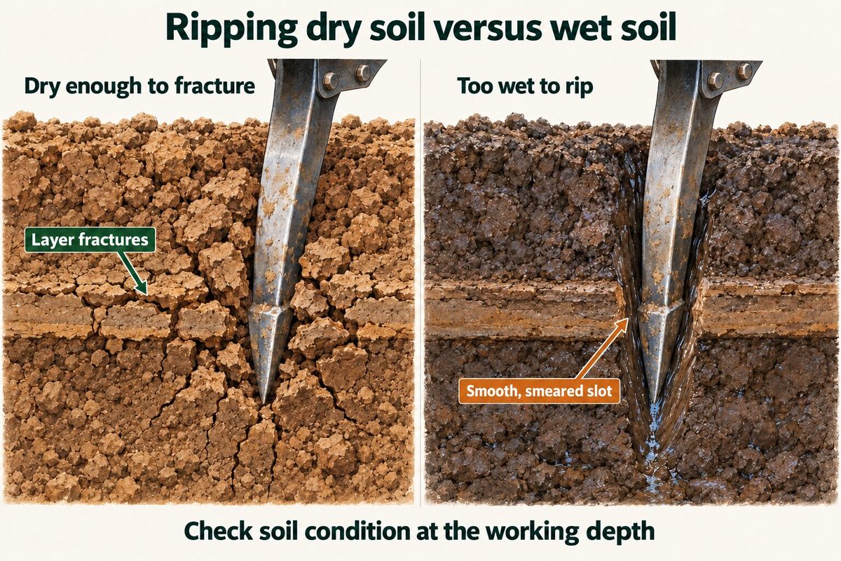 Close-ups of a ripper tine in soil. In dry soil that is dry enough to fracture, the hard layer breaks apart. In soil that is too wet to rip, the tine leaves a smooth, smeared slot and the layer stays intact.