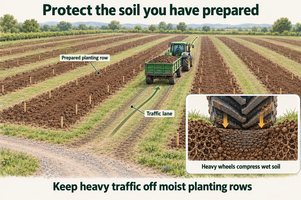 A tractor and trailer driving along a traffic lane between prepared planting rows. An inset shows a heavy wheel compressing wet soil. Keep heavy traffic off moist planting rows.