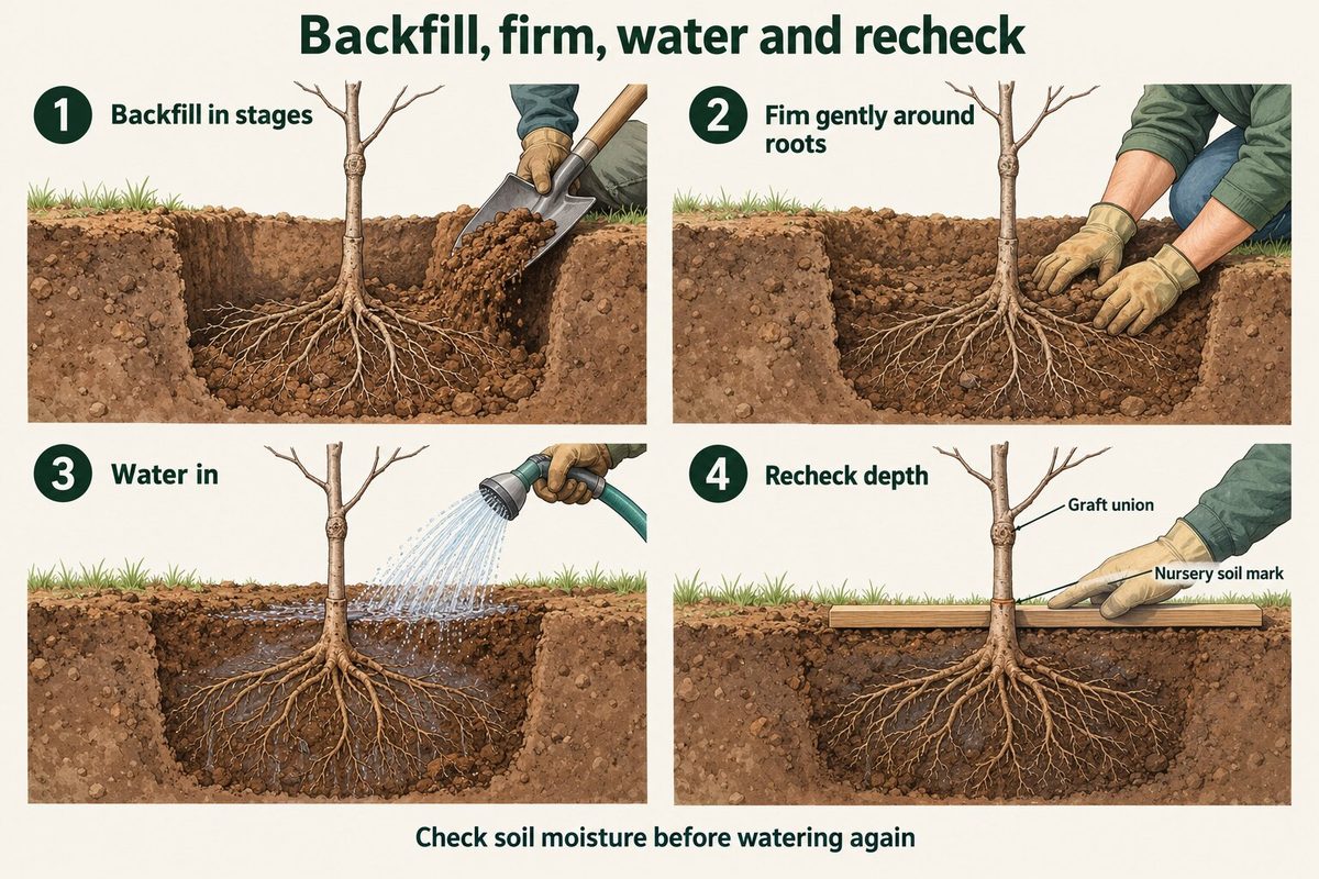 Four steps to backfill: backfill in stages, firm gently around the roots, water in, and recheck the depth against the nursery soil mark and the graft union. Check soil moisture before watering again.