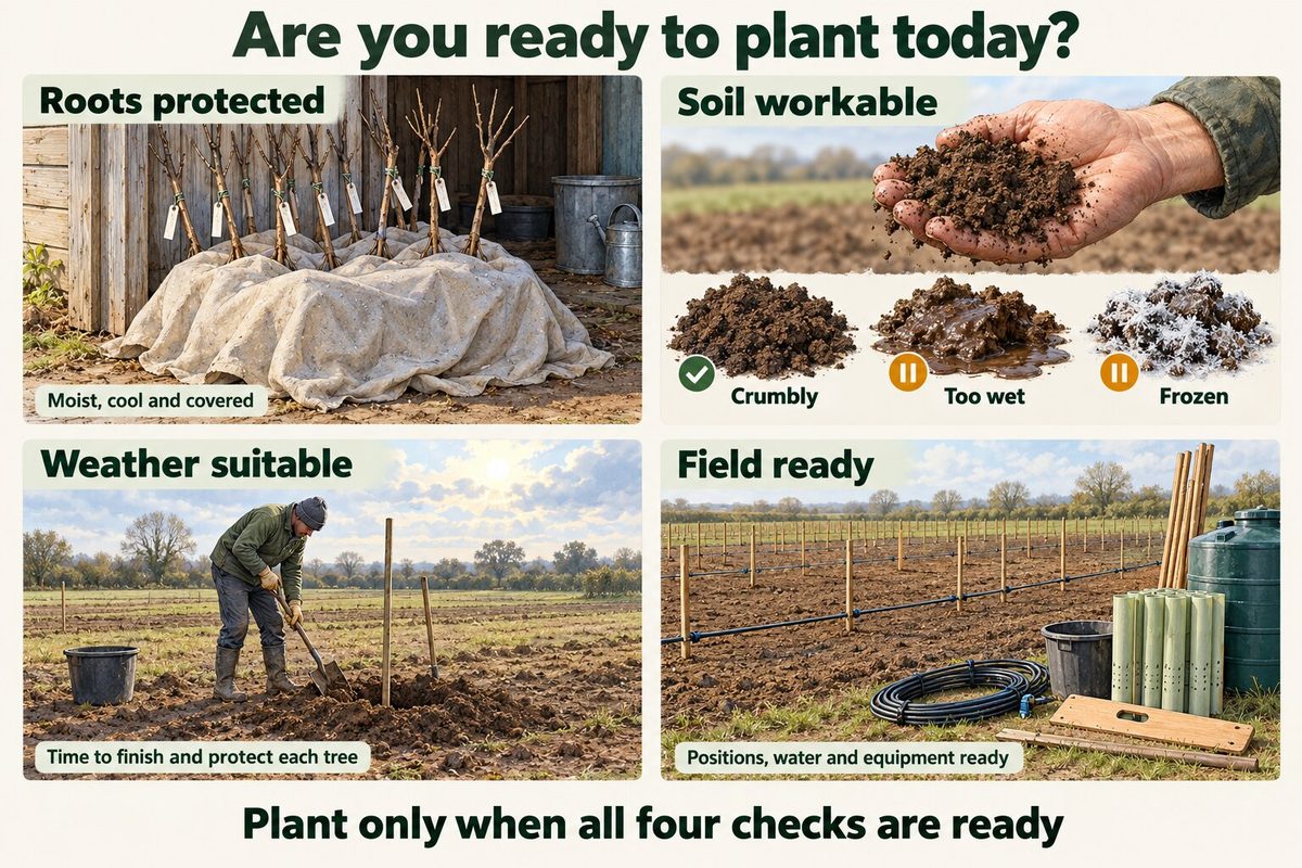 Four checks before planting: the roots are protected, moist, cool and covered; the soil is workable, not too wet and not frozen; the weather is suitable, with time to finish and protect each tree; and the field is ready, with positions, water and equipment in place. Plant only when all four checks are ready.
