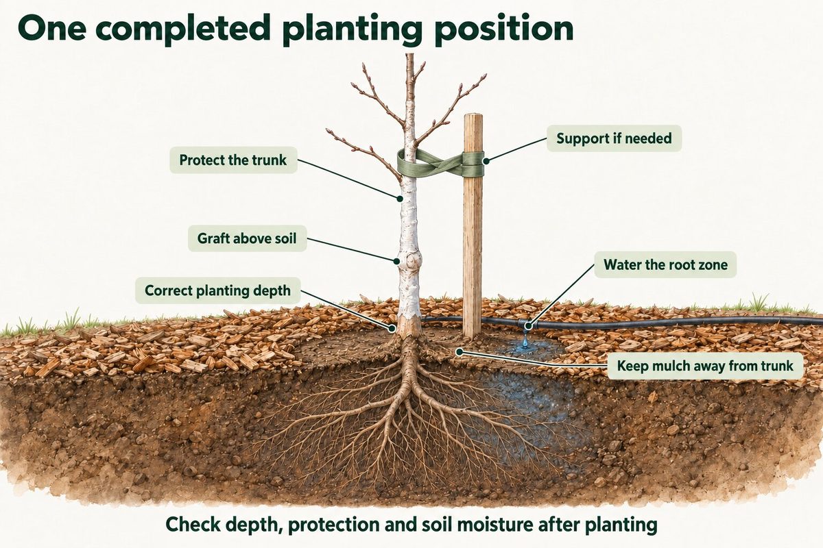 Cutaway of one completed planting position: the trunk is protected, the graft union is above the soil at the correct planting depth, a stake supports the tree with a loose strap if needed, the root zone is watered by a drip line, and mulch is kept away from the trunk.