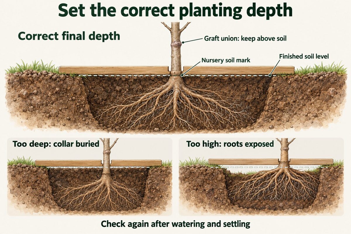 Cutaway of a correctly planted tree with a board across the hole: the graft union stays above the soil, the nursery soil mark sits at the finished soil level. Too deep buries the collar, and too high exposes the roots. Check again after watering and settling.