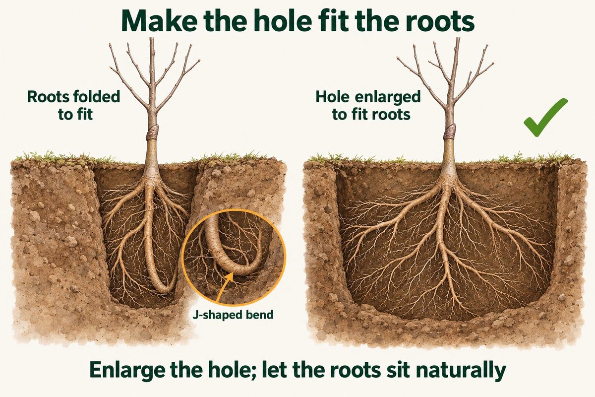 Two planting holes compared. On the left, roots folded to fit a hole that is too small, which leaves a J-shaped bend. On the right, the hole is enlarged so the roots sit naturally.