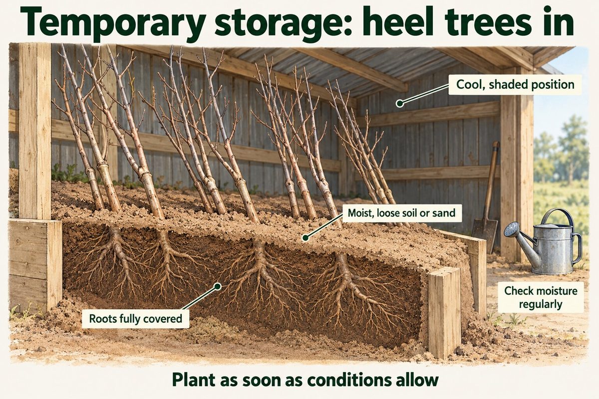 Bare-root walnut saplings heeled in under a shaded shelter, leaning in a trench with their roots fully covered by moist, loose soil or sand and checked regularly for moisture.