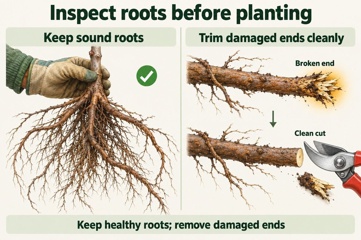 Inspecting bare roots before planting: keep sound roots, and trim broken or damaged root ends cleanly with sharp secateurs.
