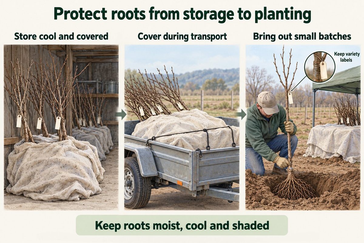 Three steps that protect bare-root trees from storage to planting: store them cool and covered, cover them during transport, and bring them out in small batches with the variety labels kept on. Keep the roots moist, cool and shaded.