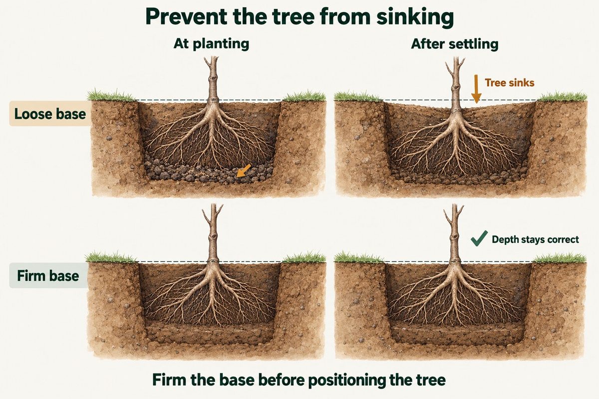Two planting holes compared at planting and after settling. With a loose base, the tree sinks as the soil settles. With a firm base, the depth stays correct. Firm the base before positioning the tree.