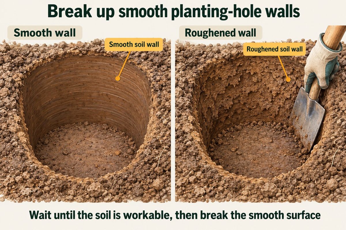 Two planting-hole walls compared. A smooth, glazed wall left by the auger, and a roughened wall broken up with a shovel so the roots can grow through it. Wait until the soil is workable, then break the smooth surface.