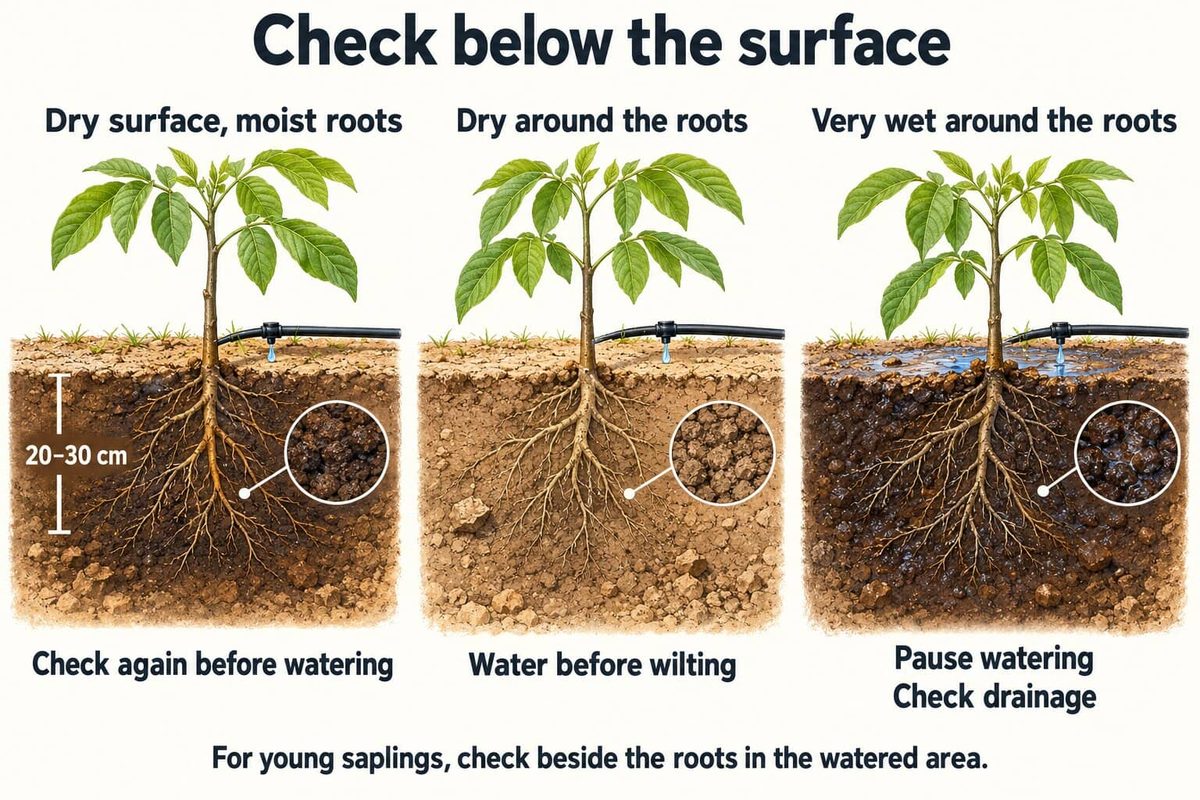 Three cutaways of a young walnut tree beside a drip emitter, checked 20 to 30 cm down beside the roots: dry surface with moist roots, dry around the roots so water before the tree wilts, and very wet around the roots so pause watering and check drainage.