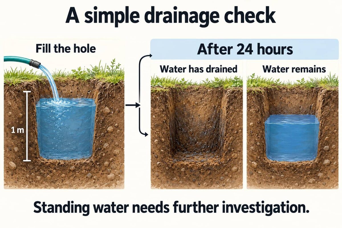 A simple drainage check: fill a 1 m deep hole with water, then look after 24 hours. If the water has drained, the soil drains. If water remains, investigate further.