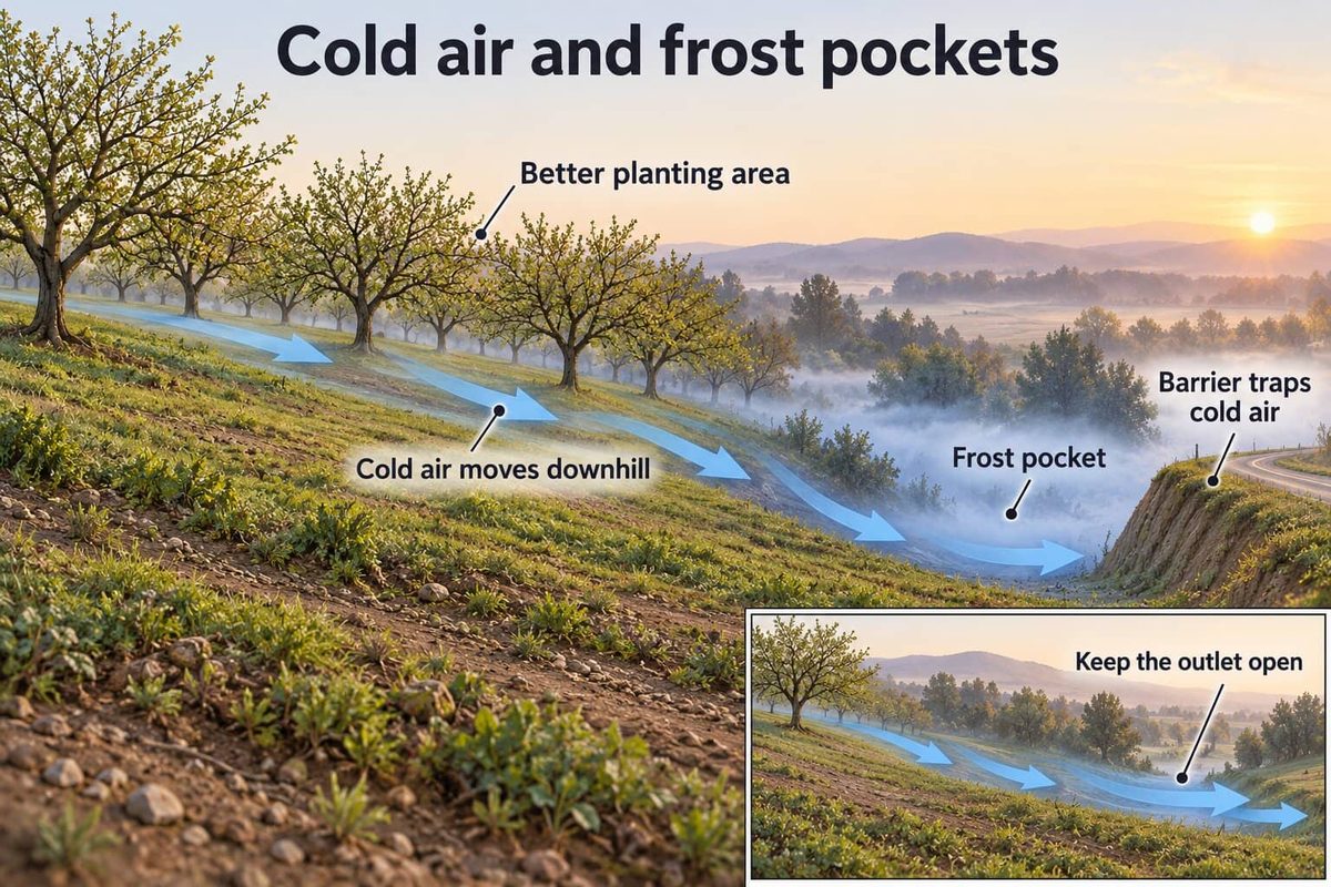 Orchard on a slope at dawn. Cold air moves downhill along the slope, so the higher ground is the better planting area. A barrier such as a bank or road traps the cold air in a frost pocket below, and an open outlet lets it drain away.