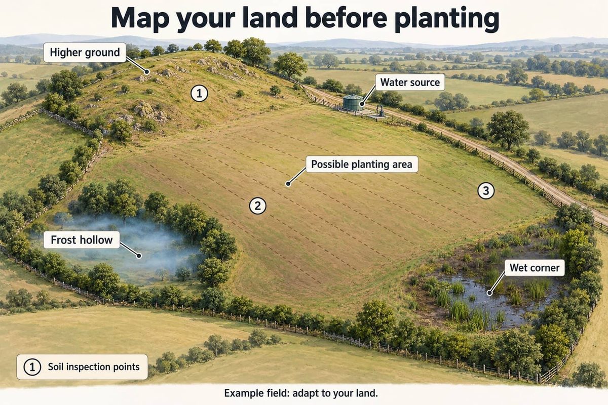 Aerial view of an example field to map before planting: higher ground, a possible planting area, a frost hollow, a wet corner, a water source and numbered soil inspection points.
