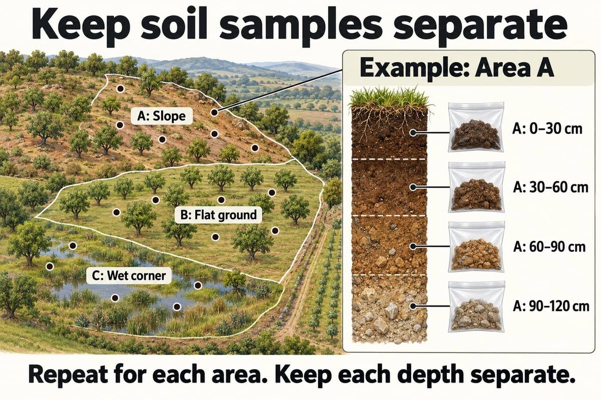 A hillside field divided into three areas, A slope, B flat ground and C wet corner, each sampled separately. An example for area A shows four soil bags taken at 0 to 30, 30 to 60, 60 to 90 and 90 to 120 cm.