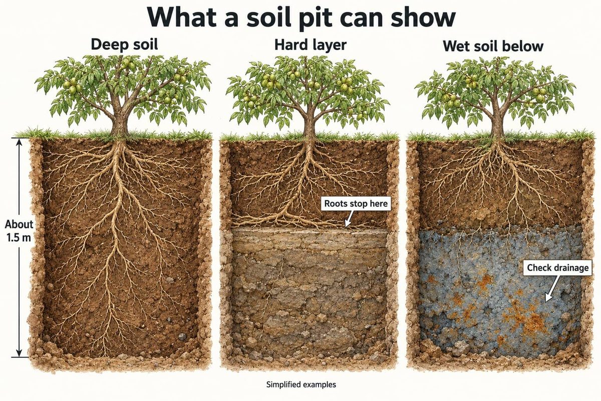Cutaway drawings of soil pits about 1.5 m deep under walnut trees: deep soil with roots reaching down, a hard layer where roots stop, and wet soil below where drainage needs checking.