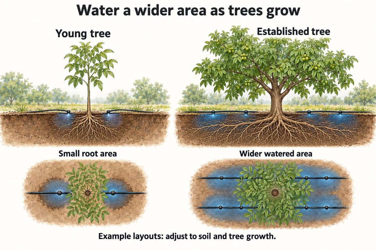 Side and top views of drip irrigation on a young tree and an established tree. The young tree has a small root area watered by two emitters. The established tree needs a wider watered area as it grows.