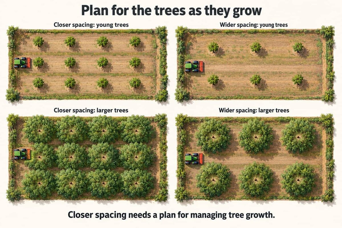 Aerial drawings of an orchard plot with closer and wider spacing, when the trees are young and when they are larger. At closer spacing the larger trees fill the plot and leave little room for the tractor. At wider spacing they leave room to work.